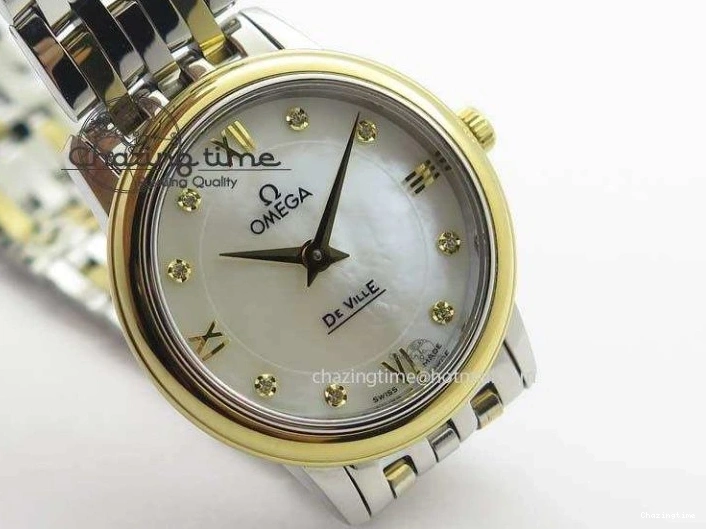 0315 OnTrend De Ville 27mm SS YG Ladies MK 1:1 Best Edition White MOP Dial Diamond Markers On SS Bracelet Ronda Quartz 8187